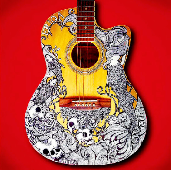 Commissioned painting on a guitar Acrylic and sharpies