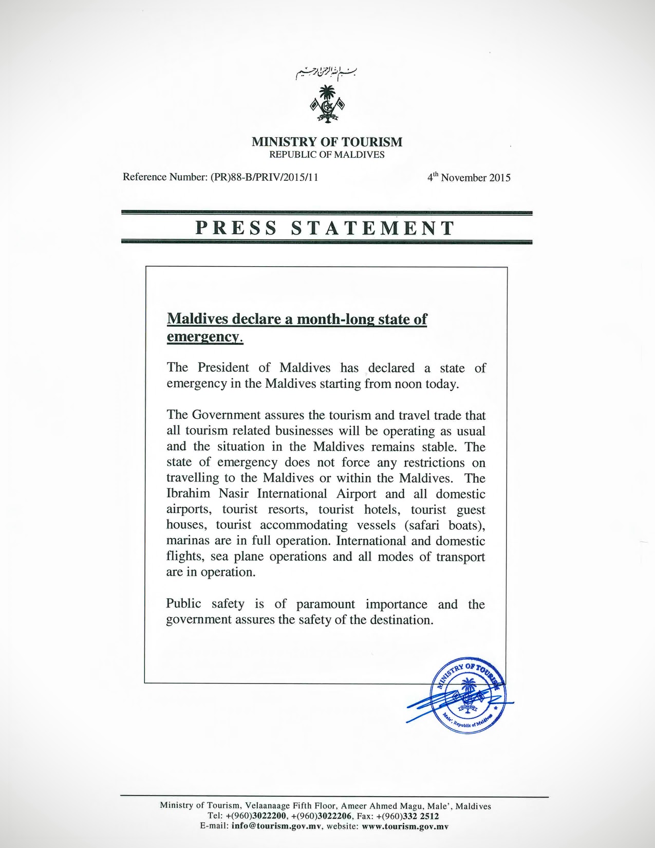 Press Statement from Maldives Ministry of Tourism